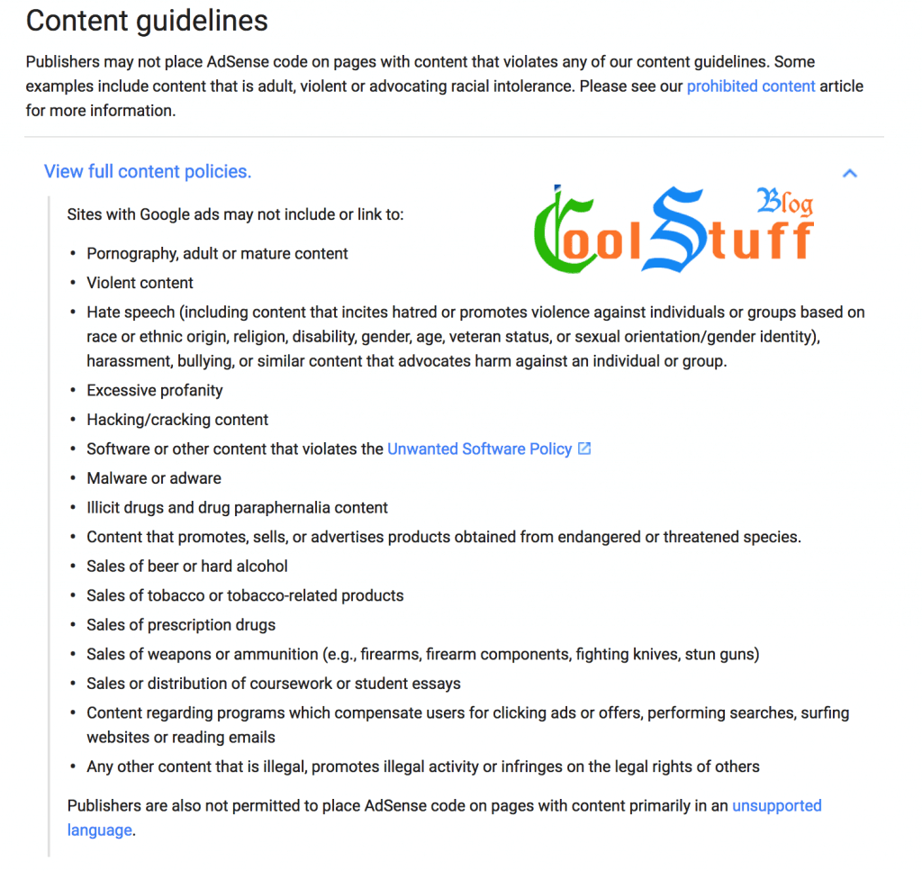 content policies list from google adsense