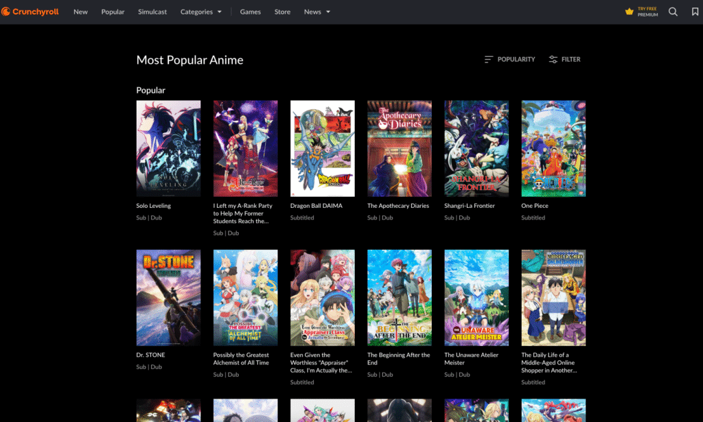 Crunchyroll Anime Homepage Screenshot 2025